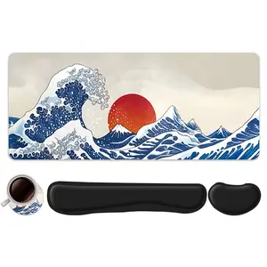 4pcs Japanese Great Wave Design Mouse Pad + Keyboard Wrist Rest + Ergonomic Mouse Pad + Coaster Set For Desktop Decoration, Office Accessories Set Ergonomic Wrist Support, Computer Mat Mouse Pad Coaster Suitable For Home Office Gaming
