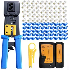 RJ45 Crimping Tool Kit, Network Cable Crimping Tool with Cat5e Pass-through Connectors & Covers & Wire Stripper, Network Cable Tester