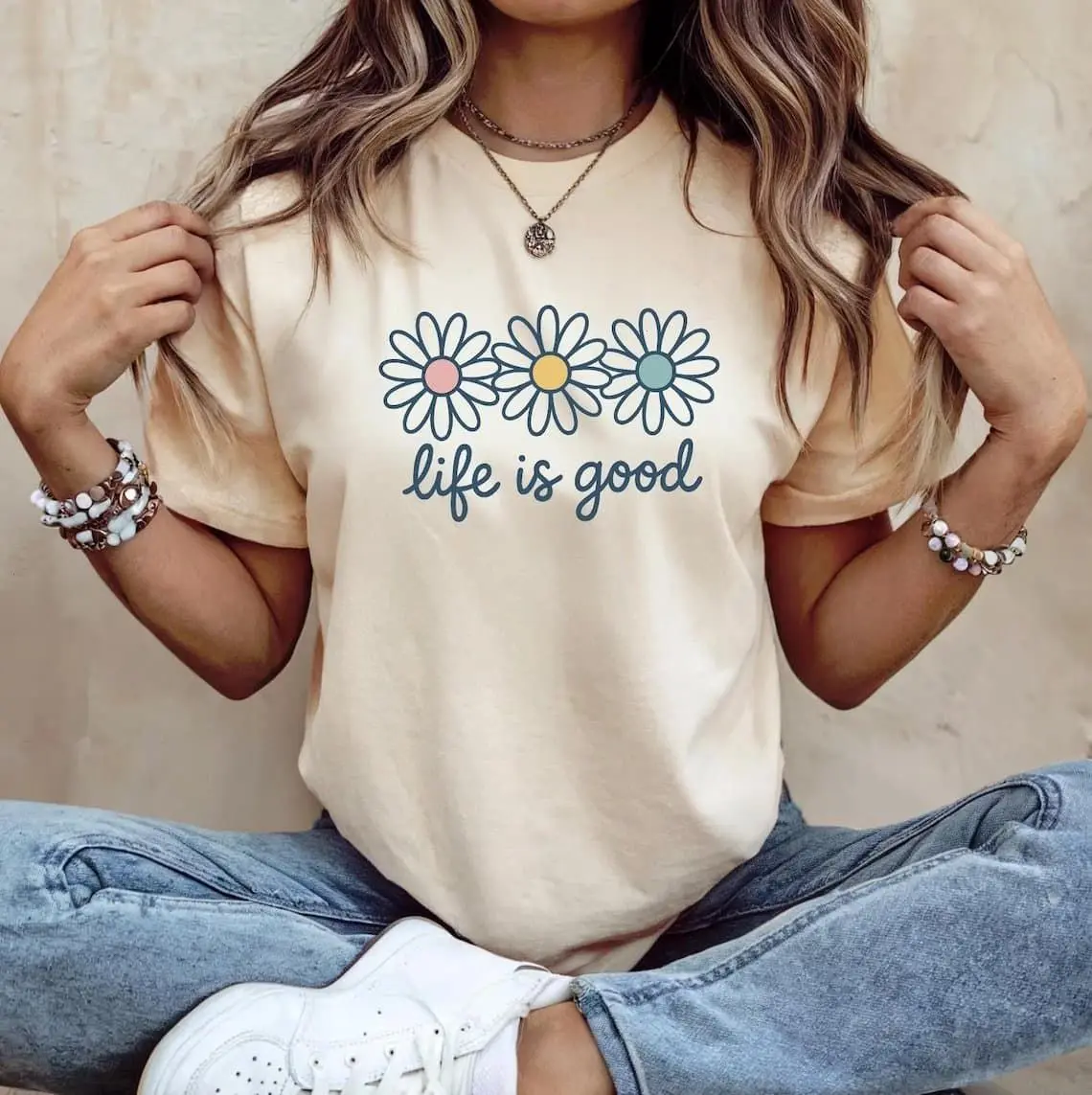 [Sale off up to 50%] Life is Good T-Shirts, Wildflower Shirt for Women, Summer, Inspirational, Flower Shirts, Positive Vibes Shirts, Motivational Tee, Graphic Streetwear T-shirt