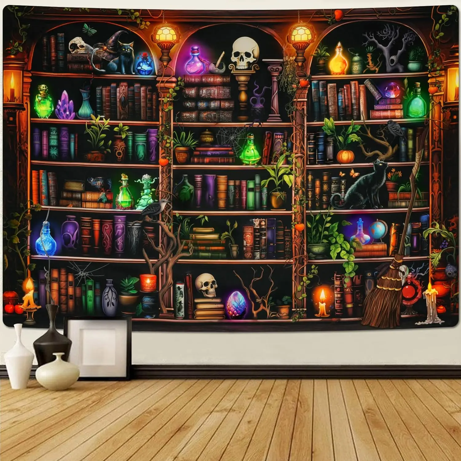 Bookshelf Tapestry Goth Tapestries Witchy Cat Tapestry Wall Hanging Magical Book Tapestry Large Trippy Tapestry for Bedroom Livingroom Study Room（51.2 x 59.1 inches）