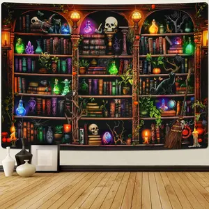 Bookshelf Tapestry Goth Tapestries Witchy Cat Tapestry Wall Hanging Magical Book Tapestry Large Trippy Tapestry for Bedroom Livingroom Study Room（51.2 x 59.1 inches）
