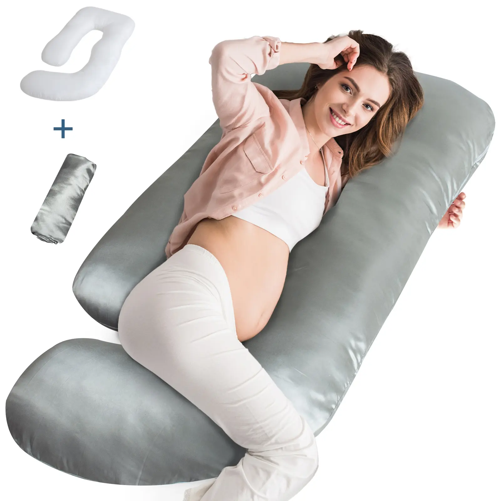 Satin Pregnancy Pillow with Removable Silky Luxurious Cover, 60 Inch Cozy J-Shape Full Body Maternity Pillows Nursing Pillow Gifts for Pregnant Women Side Sleepers Sleeping Abdominal Lumbar Neck Back Leg Support, Solid Grey #TikTokShopBackToSchool