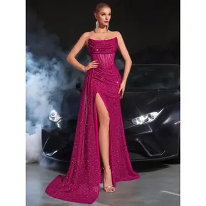 Women’s sequined long dress with a slit detail and belt design, perfect for weddings, dances, and formal parties GARMENTARY