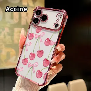 Cherry Bows Pattern Four Corner Anti-Fall Phone Case Transparent Electroplated Protective Cover for iPhone 17 16 Pro Max 15 Plus 14 13 12 11 E Air