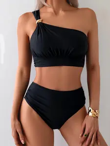 Women's High Waist One Shoulder Bikini with Tummy Control, Stylish Two-Piece Swimsuit for Outdoor Fun, Perfect Gift Idea, One Shoulder Swimsuits, High Rise Swimwear, High Stretch Bikini