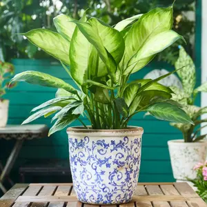 TEWEIQI Farmhouse Ceramic Pot, Iced Crack Chinoiserie Blue Flowers Vintage-inspired Ceramic Planter, 5.4” or 6.3" Height