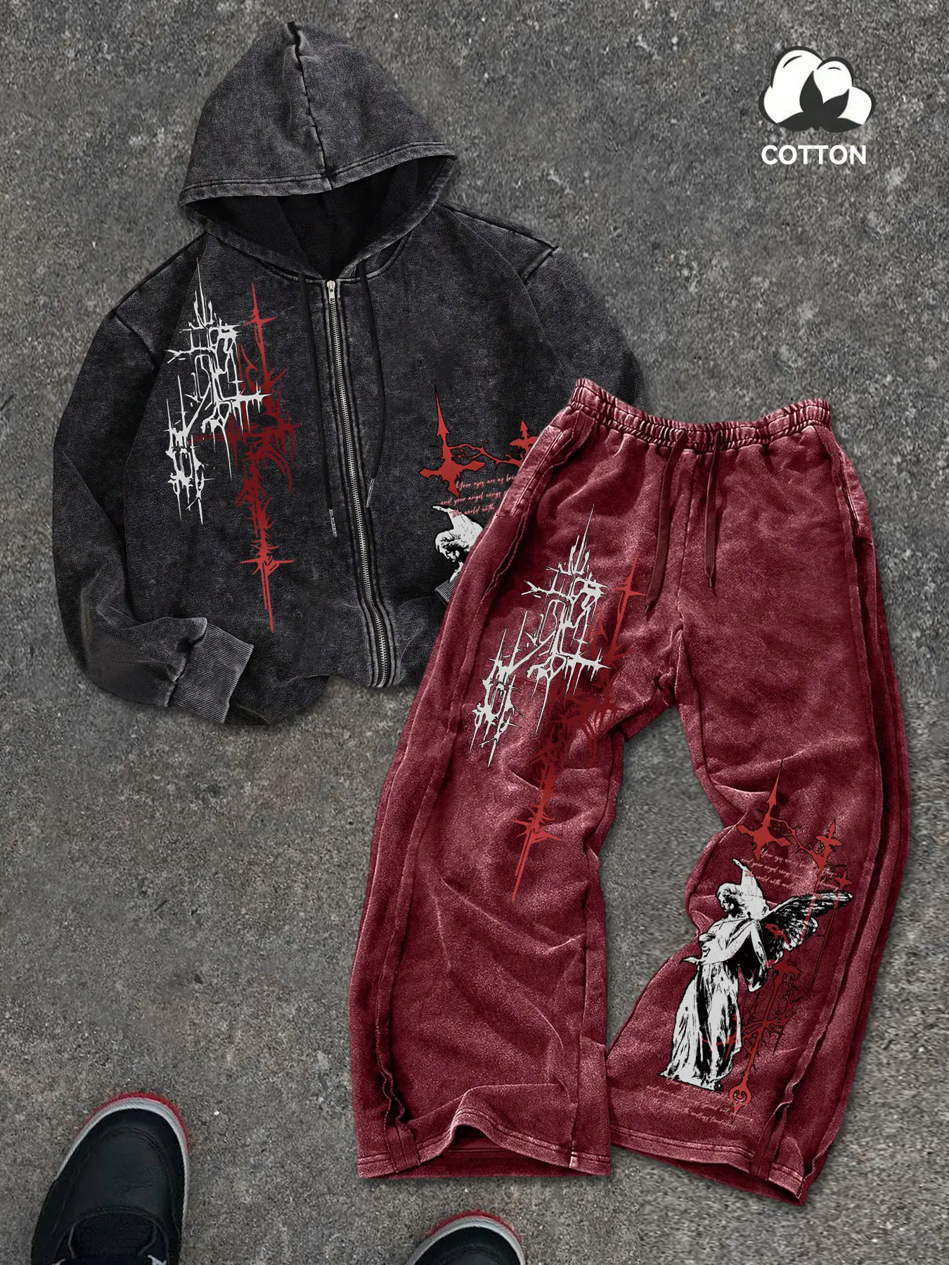 Men's Spring Hooded Matching Set, Casual Matching Sets, Outfit, Gothic Punk Two-Piece, Faded Cotton Zipper Fitted Long Sleeve Hoodie, Sweatshirt + Sweatpants, Geometric Graffiti Graphic Print, Street Style