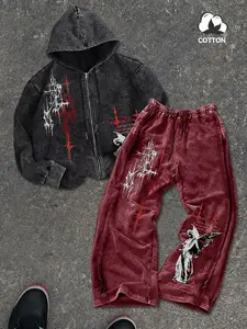 Men's Spring Hooded Matching Set, Casual Matching Sets, Outfit, Gothic Punk Two-Piece, Faded Cotton Zipper Fitted Long Sleeve Hoodie, Sweatshirt + Sweatpants, Geometric Graffiti Graphic Print, Street Style