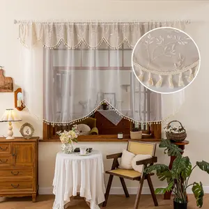 Modern Simple Branch Embroidered Transparent Arched Curtain, Elegant Dark and Fresh, Tassel Trim Design, Rod Pocket Hanging, Home Decoration Curtain