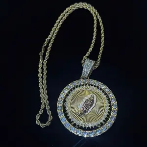 Gold Plated Our Lady of Guadalupe Roulette Pendant Elegant Necklace, 24in Rope & Link Chain with Rhinestone Accents, Fashion Jewelry Accessories, Gold Plated Necklaces