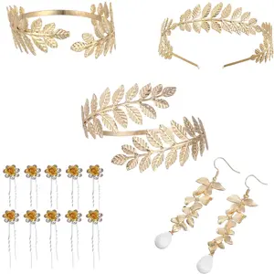 15PCS Greek Goddess Costume Accessories Women Golden Leaves Bridal Crown Headband Bracelet Pearl Earrings and Hair Pins