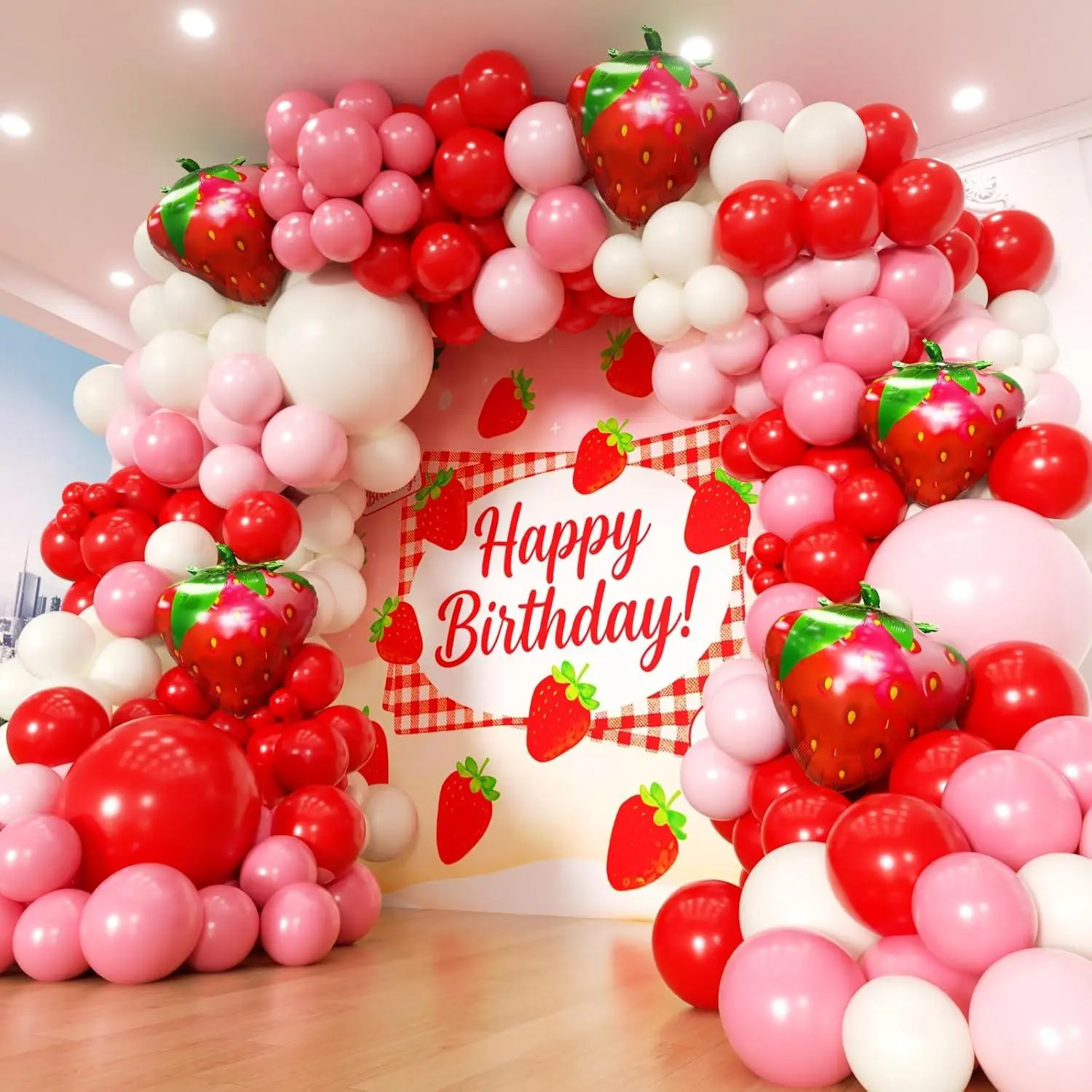 Strawberry Balloons Garland Arch Kit 163Pcs With 27" Strawberry Foil Balloons, Red And Pink White Balloons For Sweet Girl Berry First Birthday Themed Baby Shower Strawberry Party Decorations