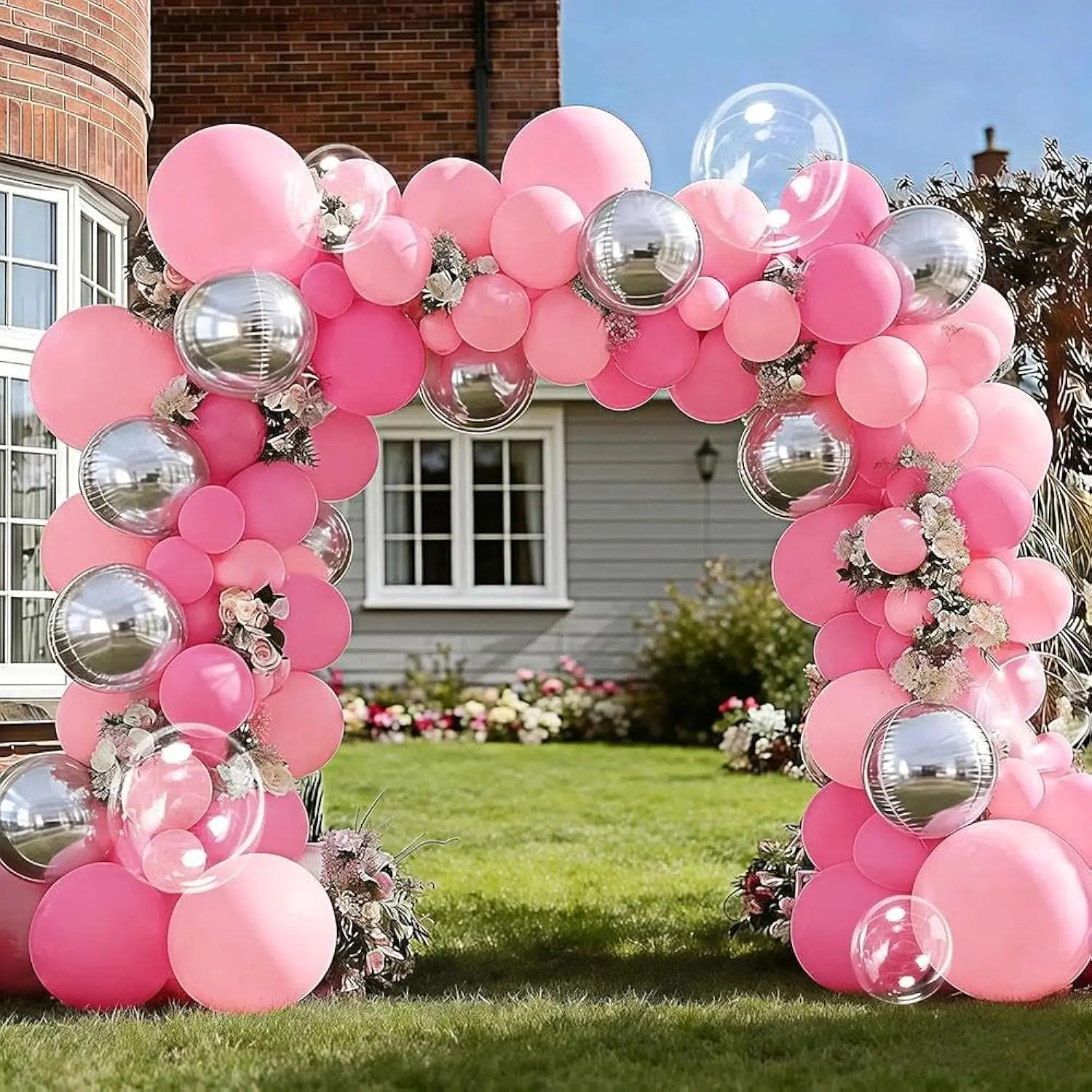 Pink Silver Balloon Garland Kit with Light Pink Arch and Clear Bubble Balloons