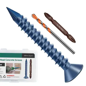100 count 3/16 x 1-1/4" Concrete Screws Anchors with Drill Bit, Flat  Concrete Masonry Screws for Masonry, Block, Brick Stucco, Blue Coated Cement Screw