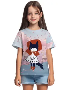 Cat Ear Little Red Riding Hood Digital Print Summer Fashion Girls' Clothing, 100% Polyester Designed for Energetic Children, Cute Girls' Short-Sleeve T-Shirts, Summer Casual Children's Clothing, Outdoor Sports T-Shirts