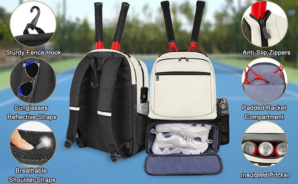 NEW Large Capacity Tennis Backpack Sports Racket Pack Holds 1-2 Tennis Rackets Outdoor Badminton Bag With Shoe Pocket Beige,Mother's Day Gift