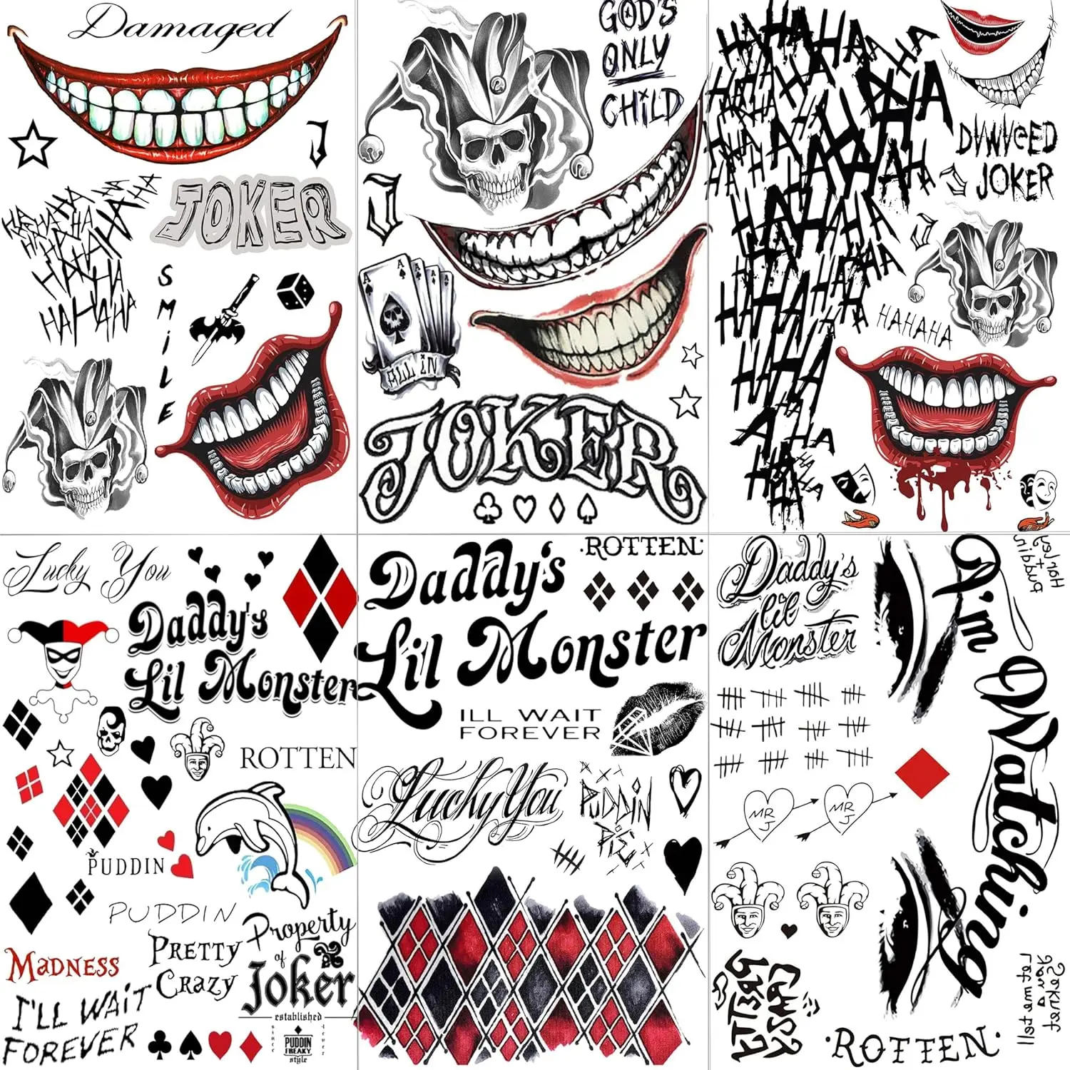 Unisex: Black 3D Short-Sleeve Tattoo Stickers — Featuring Halloween, Clown, and Other Designs