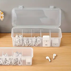 1pc Large Capacity Cable Management Box with Cover and 5 Divisions - A space-saving desktop storage solution for office and home use, made of durable plastic, perfect for office storage and daily household organization
