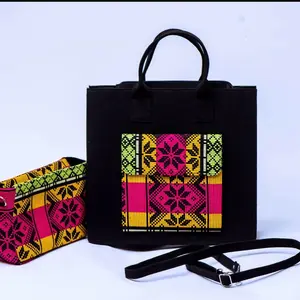 Akwete Handwoven Carry On Tote Bag with Matching Purse and Adjustable Strap - Black with Colorful Patterns