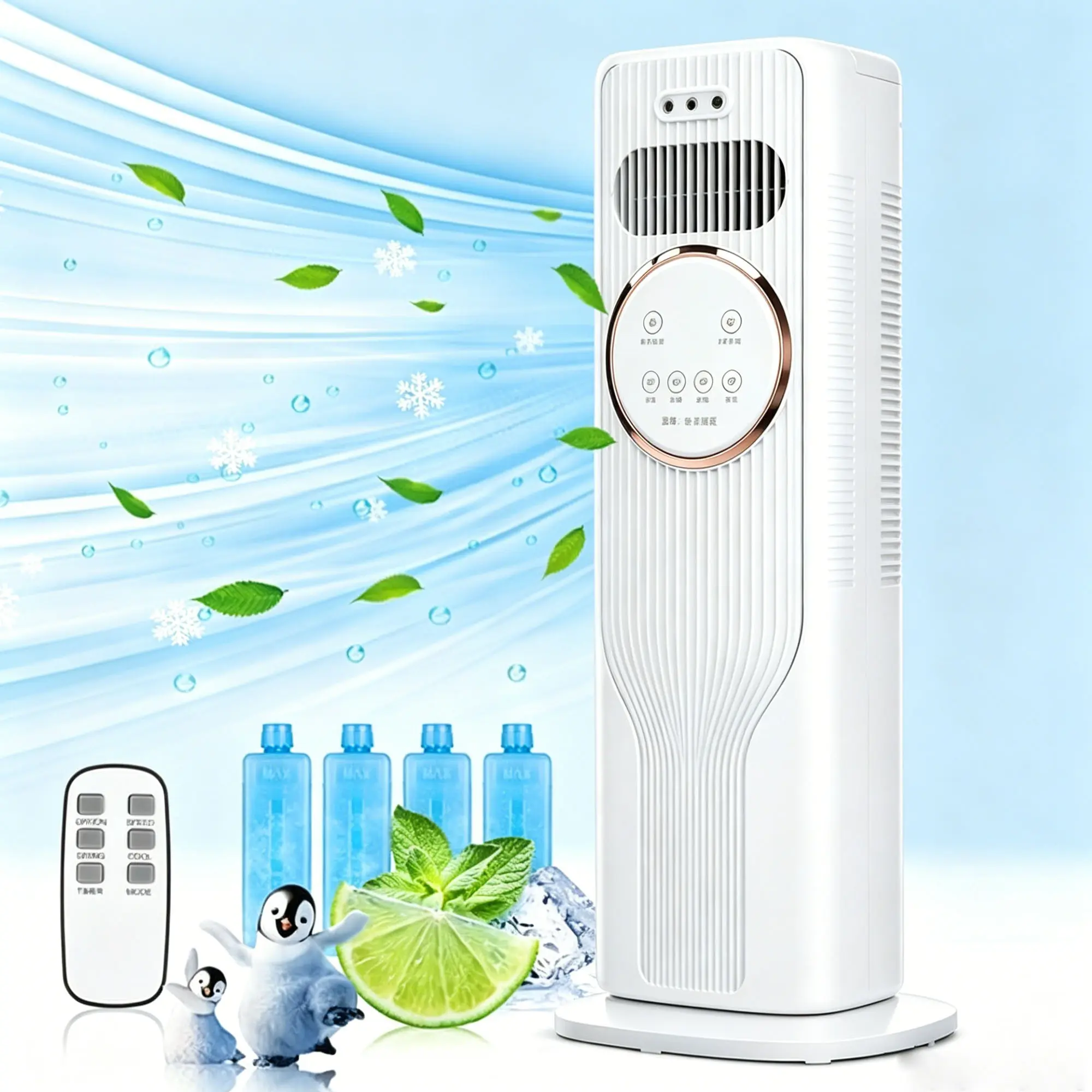 High-End Portable Evaporative Air Cooler Tower Fan, 120° Full-Swing Air Delivery, Remote Control & 3 Wind Speed Options, Ice-Assisted Fast Cooling, Low Noise Air Circulator, Eco-Friendly Cooling Device for Household Indoor Areas