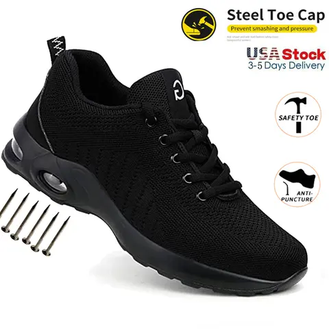 Men's Steel-Toe Safety Work Boots - Lace-Up, Cushioned Walking Shoes with Precision Pattern, Puncture-Proof, Non-Slip, Cloth Mesh, Steel-Toe Impact Protection for Workers, All-Seasons Industrial Construction Use