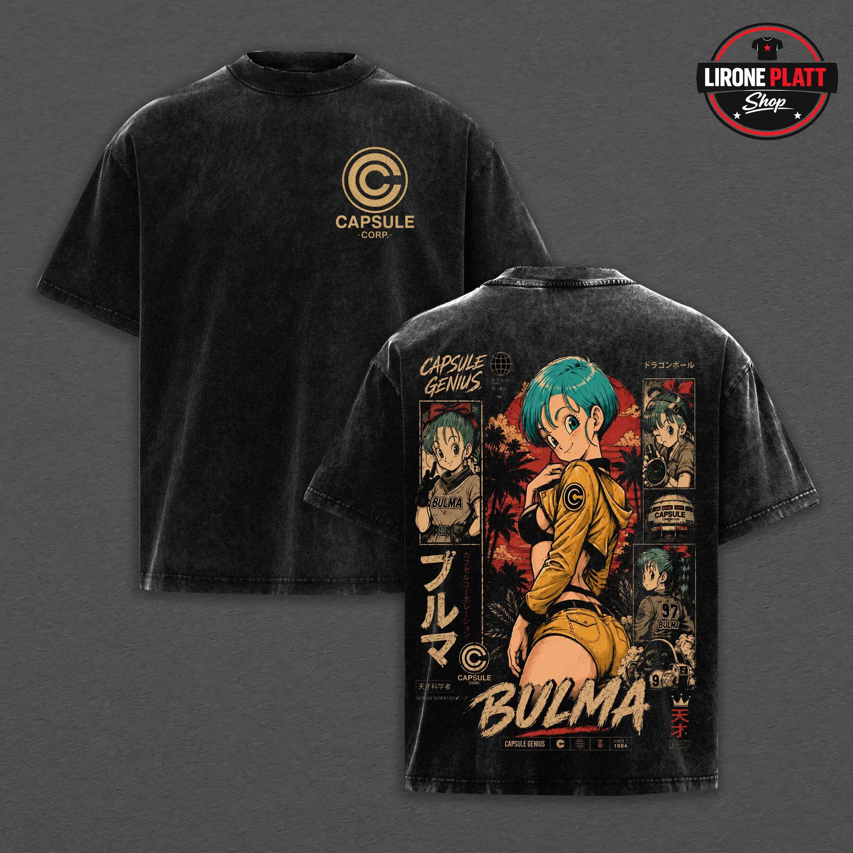 Menswear Bulma Washed Oversized Casual Short-Sleeve Top - Vintage Anime Graphic Tee, Premium Cotton Unisex Crewneck, Front & Back Print Streetwear Outfits Shirt