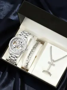 4-piece men's exclusive watch with accessory gift box combination, stainless steel material Durable hollow high-end Polished Look design style, versatile college style, people's festival gift, fully automatic Mechanical Movement watch