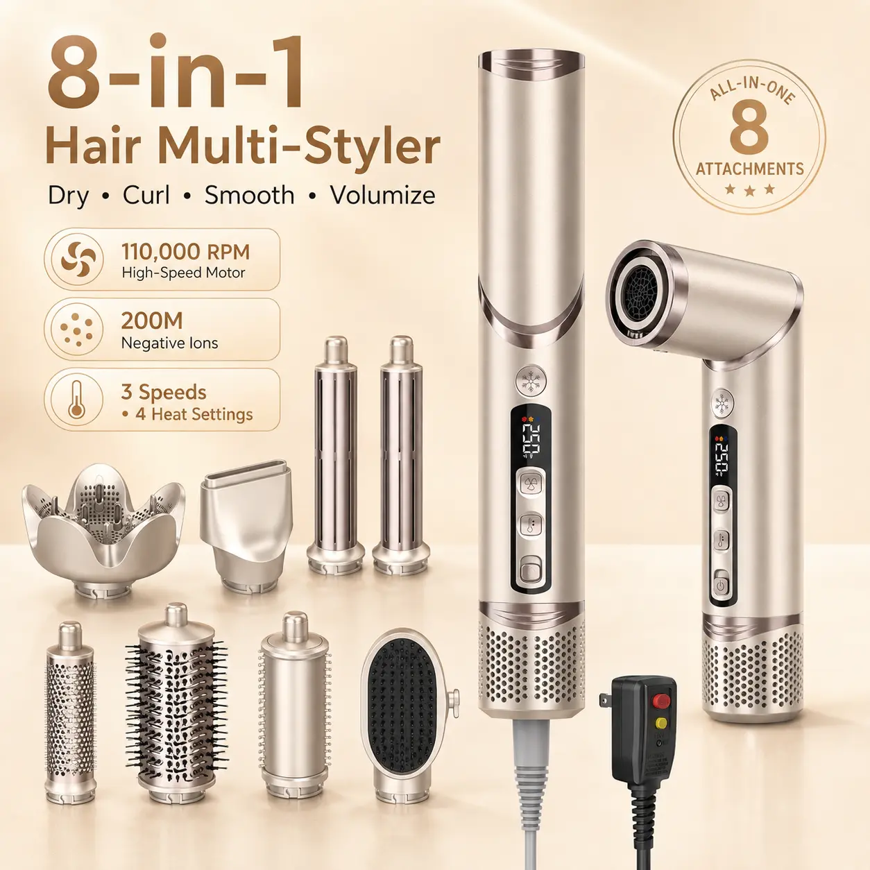 8-in-1 Hair Multi-Styler & Hot Air Styler with Auto Curler, Hair Dryer Brush, Volumizing & Smoothing Attachments, Perfect Gift for Her