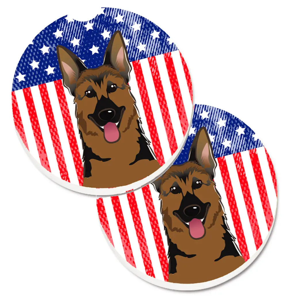 Car Cup Holder Coasters, 2-Pack German Shepherd & American Flag Design, Colorful Absorbent Sandstone with Cut-Out Slot for Easy Removal, 2.5x2.5 in, 0.75 lbs, 0.25 in W Automotive Interior Decor Accessory, 2.5" H X 0.25" W X 2.5" L