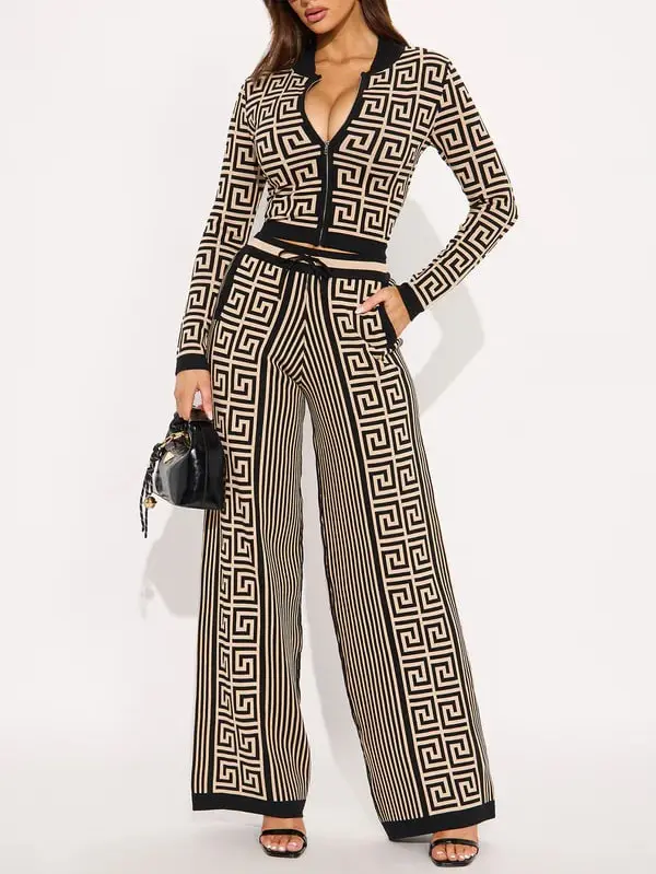 Women's Fashion Sweater Set in Black - Chic Color Cozy Material All-Day Comfort Sweater Pant Set Zip Up Jacket Wide Leg Pant Elastic Waistband Front Tie