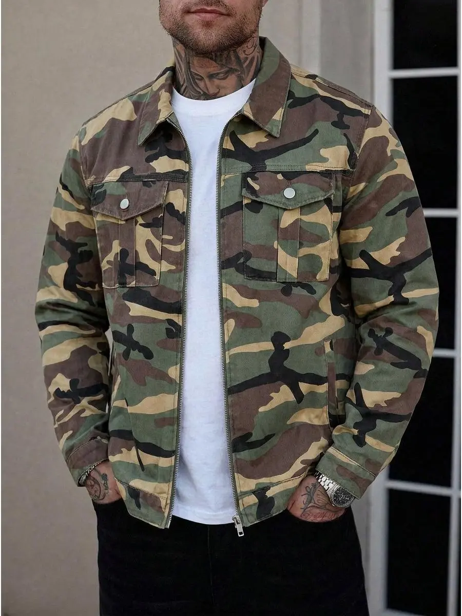 Men's Camouflage Jacket Military Style Camo Print Zip Up Jacket with Long Sleeve and Chest Pockets Casual Streetwear Outerwear Fashion Coat for Outdoor Work Daily Wear Trendy Hip Hop Clothing