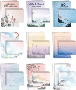 Mini Stationery Set of 100, Japanese Stationery Paper (50 Lined Sheets + 50 Matching Envelopes), 5.5 x 8.25 inch, 9 Designs, Double Sided Printing, One Side Lined Paper