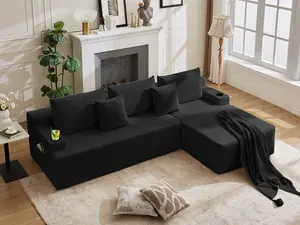 106" Cloud Sectional Couch, Modular Sectional Sofa with L-Shape Chaise, Corduroy Boneless Couch with Deep Seat, Upholstered Sofa for Living Room, No Assembly Required(Right-Facing Chaise, Black)