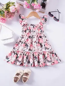 Girl's Floral Print Ruffle Trim Sweater Dress, Casual Sleeveless A Line Dress for Summer, Kids Clothes for Daily Wear, Floral Pattern Dress