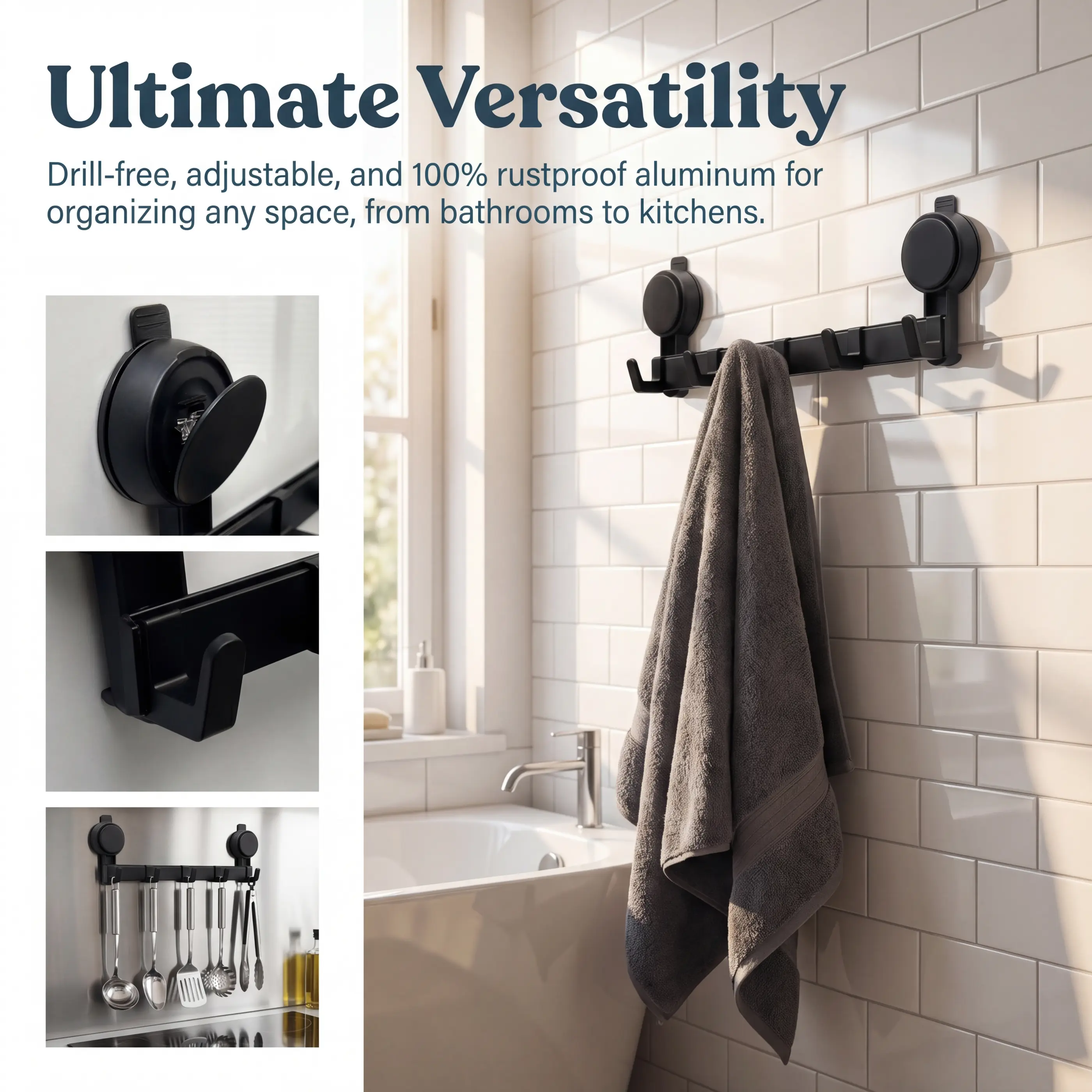 5-Hook Ultra-Strong Adjustable Suction Cup Shower Organizer - No-Drill, Removable, Multi-Use Wall Hanger for Bathroom, Kitchen