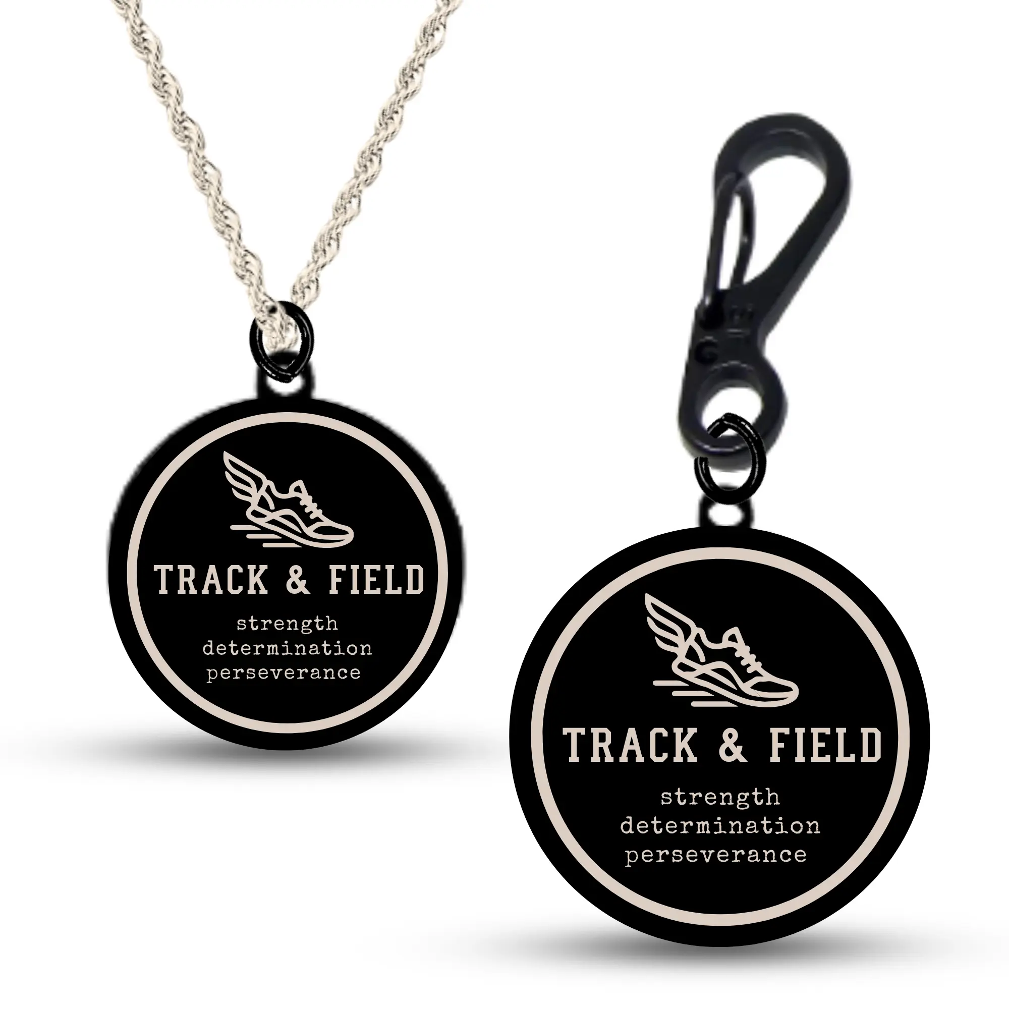 Track and Field Necklace and Bag Clip Set, Men and Boys - Stainless Steel, Non-Tarnish