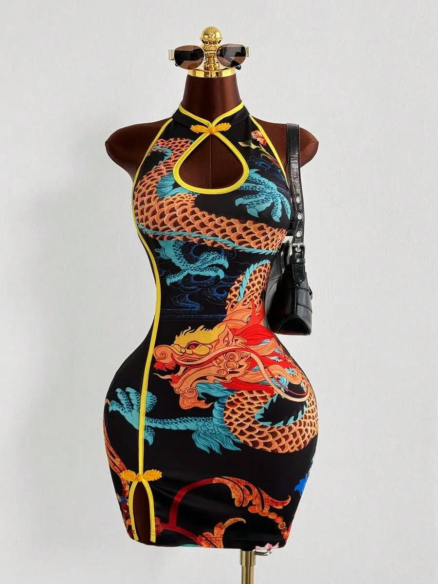 Curvera x [FS] Sunspun Chinese Style Dragon Print Halter Neck Cheongsam Dress, Contrast Color Bodycon Mini Dress, Retro Sexy Sleeveless Dress
