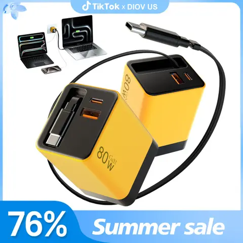 【2 Pack】BOLONMI 3-in-1 GaN Charger, 80W MAX Fast Charging Adapter with Retractable Type-C Cables, Portable USB-C Power Block for iPhone, iPad, MacBook & More Devices, Folding Charger