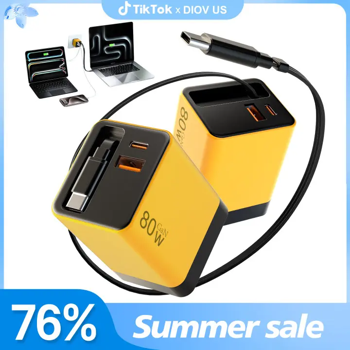 【2 Pack】BOLONMI 3-in-1 GaN Charger, 80W MAX Fast Charging Adapter with Retractable Type-C Cables, Portable USB-C Power Block for iPhone, iPad, MacBook & More Devices, Folding Charger