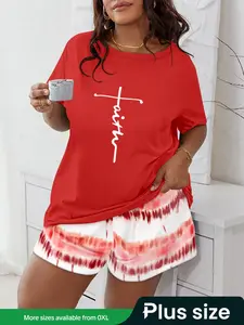 Plus Size Fashion Women's Round Neck Printed Short Sleeve Top + Pants Casual Set, Stylish Summer for Ladies