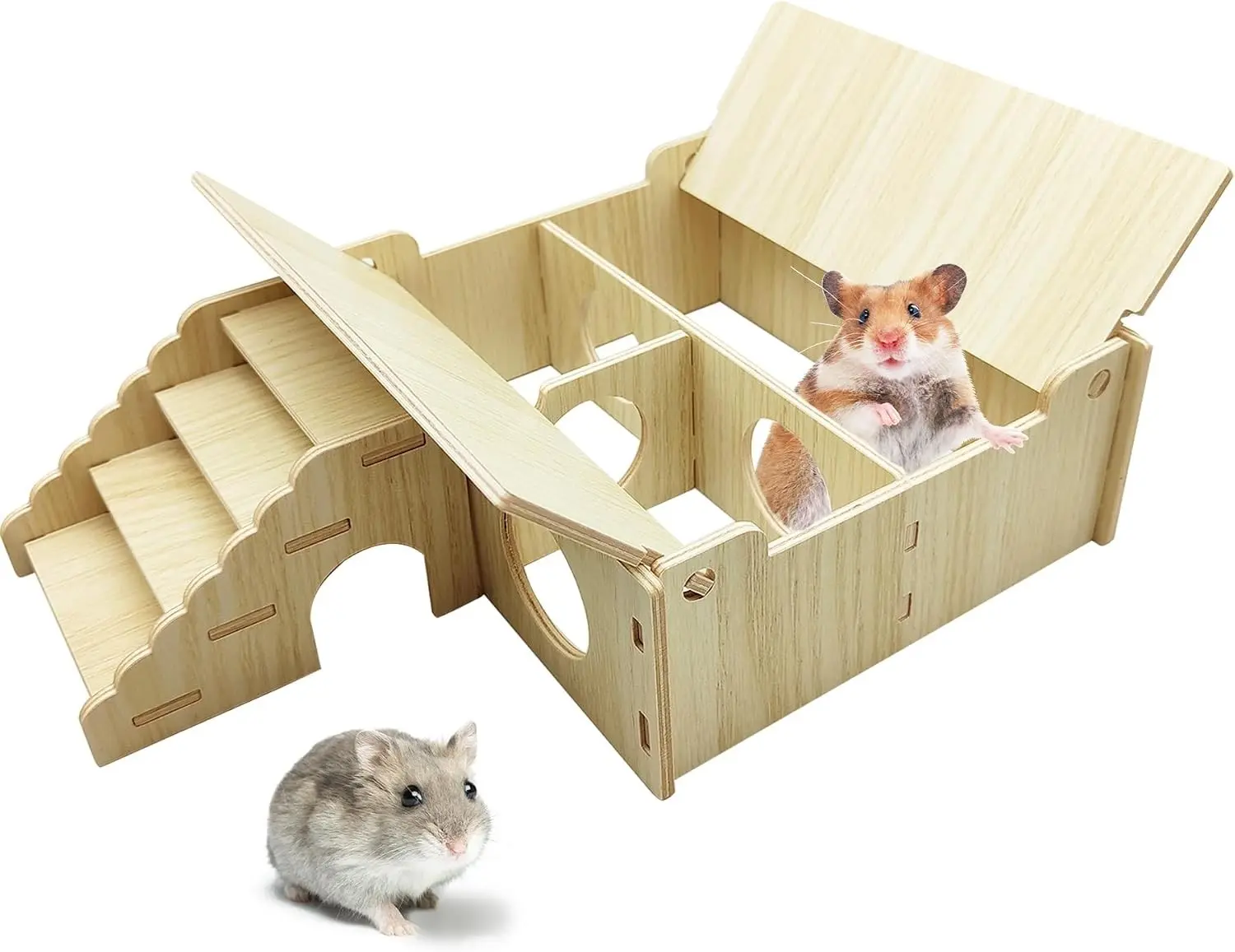 Wooden Hamster Hideout Tunnel Multi-Chamber House Dwarf Hamster Hiding Hut Maze Platform Habitats Exploring Toys for Gerbil Rat Mice