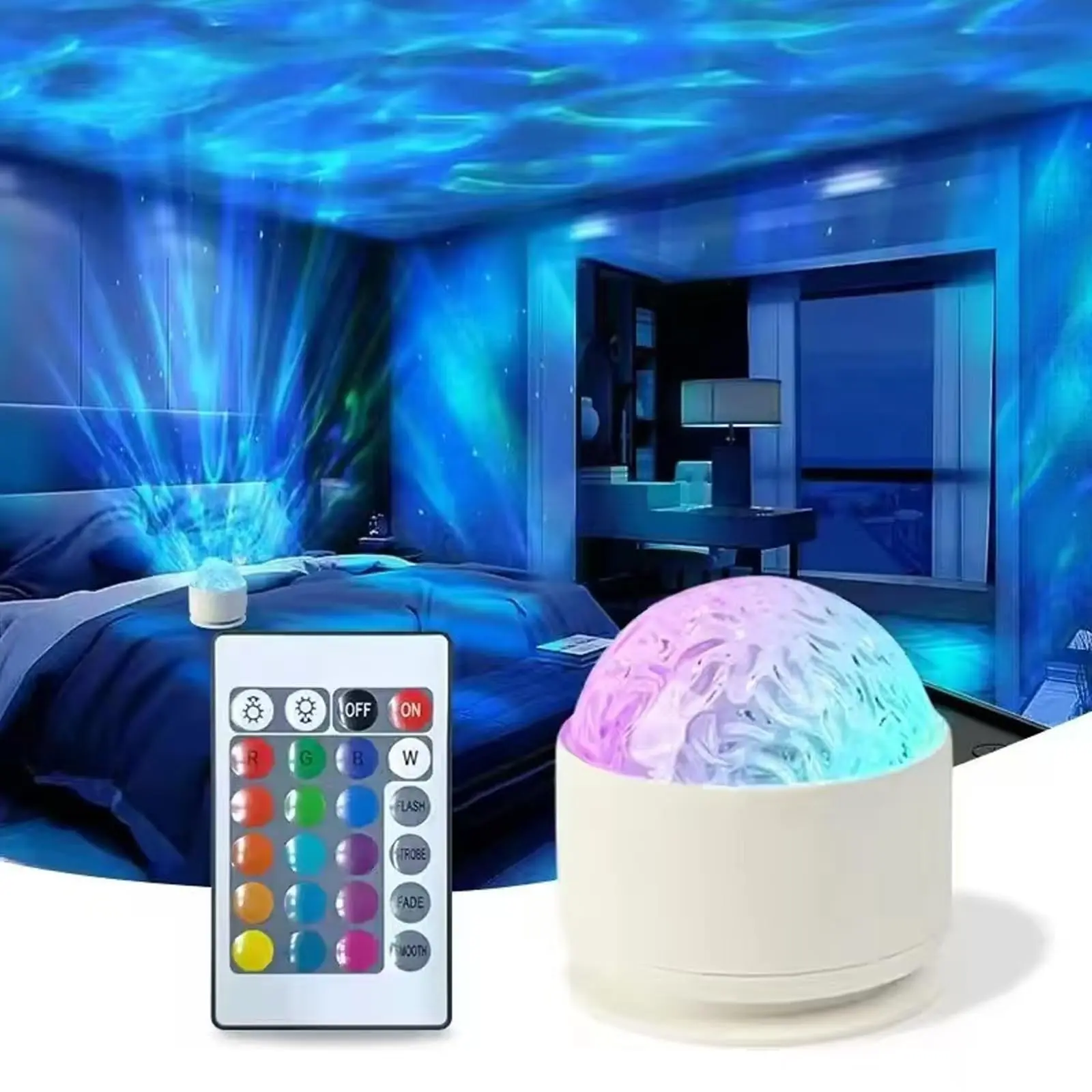 LED Aurora Water Ripple Projector Lamp, Dynamic Ambient Light with Remote, Multi‑Color Changing Projection Light, USB Plug‑in Novelty Light for Home Bedroom Aesthetic Decor