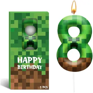 Pixel Birthday Candle, 2.36 Inch Green Miner Number 8 Candles,  Theme Cake Topper Candle Birthday Party Decoration Party Supplies