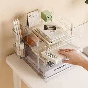 Multi-Layer File and Book Organizer Rack with Pen Holder, Transparent Desktop Square Stand for A4 Paper Storage, Home Office Management