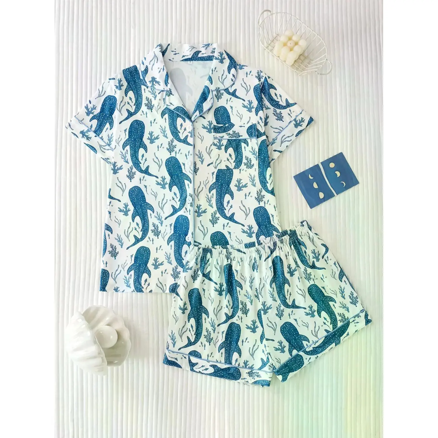 Women's Two-Piece Pajama Set - Ocean Whale Shark Print, Soft Satin Loungewear, Elegant Button-Front Short Sleeve Top with Comfortable Loose-Fit Shorts