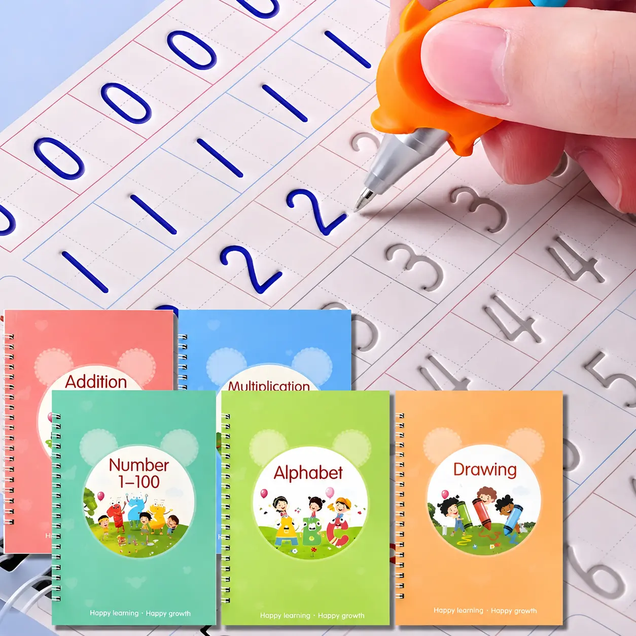 5-in-1 Reusable Magic Practice Workbook Set for Kids Ages 4-7, Montessori Homeschool Early Childhood Education Supplies, Self-Erasing Handwriting Book with Alphabet Writing, Numbers, Math, Drawing, 2 Pens & 10 Refills, Kindergarten Educational Gift