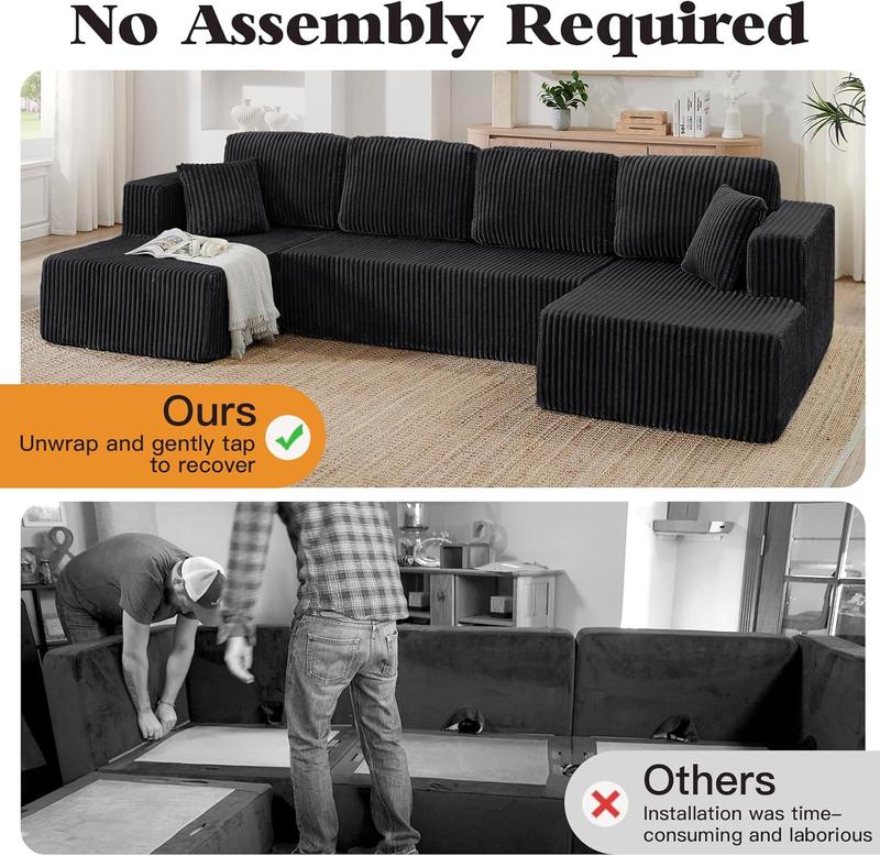 【2-3 Packages】 Niccae 132'' U-shape Boneless Memory Foam Sectional Sofa, Compressed Corduroy Sectional Couches, Oversized U Shape Comfy Modular Compression Cloud Sleeper Sofa with Deep Seat, Space-Saving Recliner Design
