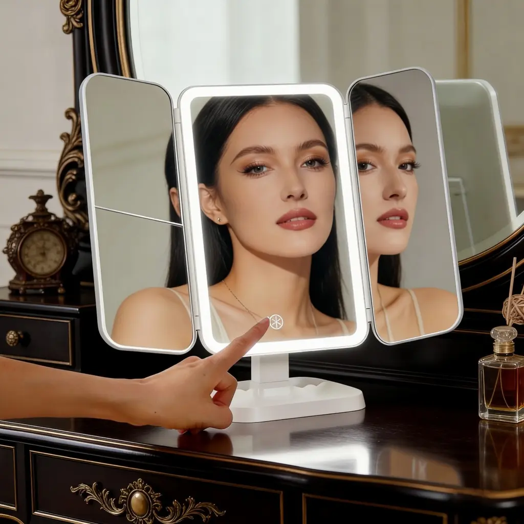 Floor Mount Tri-Fold Lighted Vanity Mirror with  LED Lights, Touch Screen and 3X/2X/1X Magnification, Two Power Supply Modes Make Up Mirror,Travel Mirror