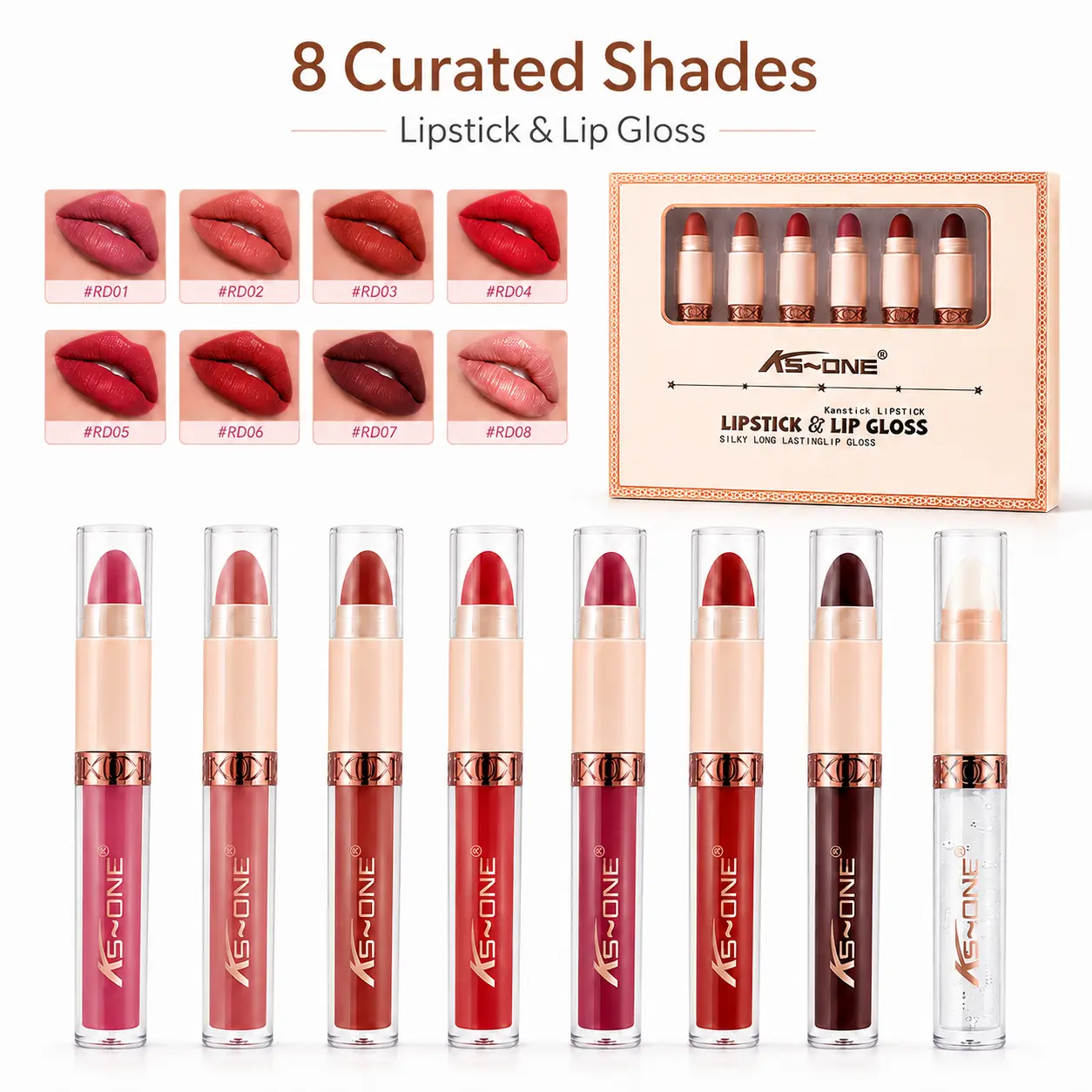 Women's 8 Pcs/Set 2-in-1 Lipstick & Lip Gloss Collection - Curated Shades, Dual Texture Design, Flexible Finish Switch, Non-Sticky Glossy Formula, All-Day Comfort, Ideal for Daily & Dating Makeup