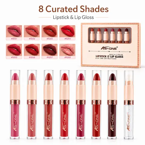 Women's 8 Pcs/Set 2-in-1 Lipstick & Lip Gloss Collection - Curated Shades, Dual Texture Design, Flexible Finish Switch, Non-Sticky Glossy Formula, All-Day Comfort, Ideal for Daily & Dating Makeup